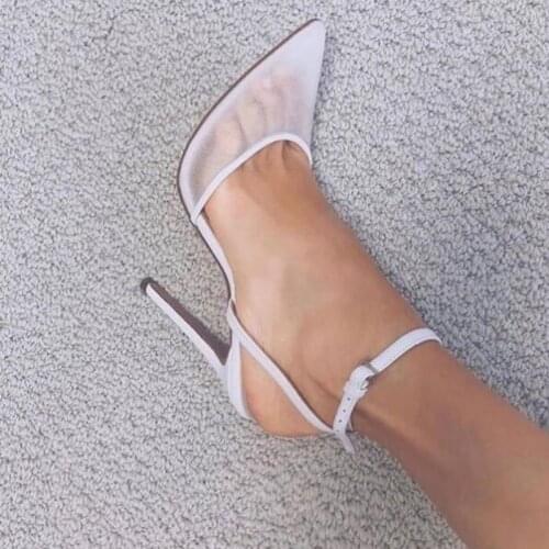 White Mesh Ankle Strap Stiletto Heel Pumps See Throught Pointed Toe Party Shoes Cut-out Gladiator Heels Banquet Dress Shoes