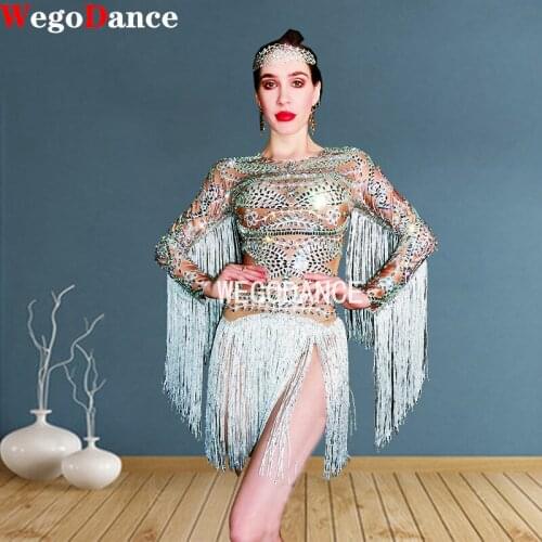 Flashing Silver Rhinestones Fringes Dress Stage Clothing Women Birthday Prom Outfit Bar Evening Dancer Costume