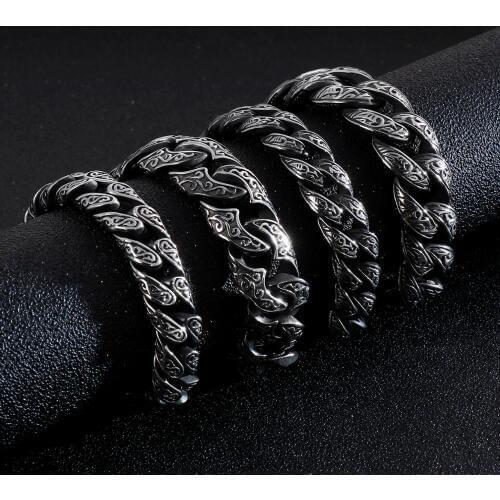 Vintage Punk Rock Curb Cuban Link Chain Bracelet Men Stainless Steel Mysterious Symbol Charm 22cm Bracelet