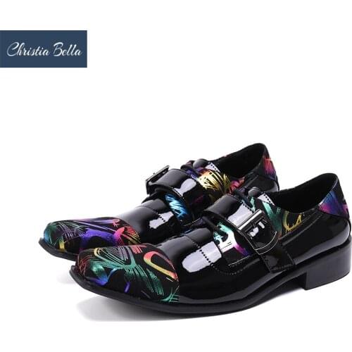 Christia Bella British Style Print Patent Leather Men Brogue Shoes Wedding Party Formal Shoes Lace Up Business Oxford Shoes Male