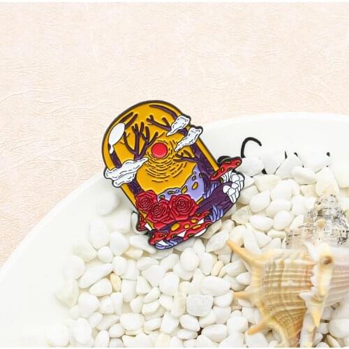 Red sun Rose mushroom trunk Enamel Brooch Bell glass cover Potted plants Lapel Pin Backpack Punk Gothic jewelry Badge