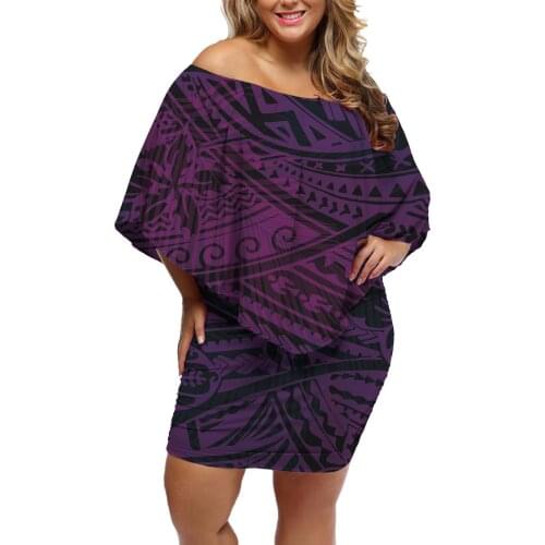 Hycool Polynesian Tribal Purple Dresses Women Sexy Party Plus Slash Neck Casual Dress Fashion Lady Summer Knee-Length Dress 2021