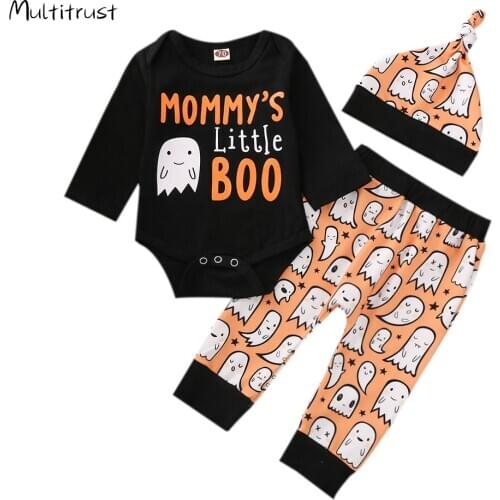 0-24M Halloween Baby Boy Girl Clothes Set Newborn Infant Baby Ghost Print Romper Pants Hat Party outfits