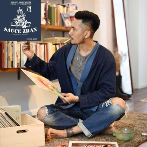 SauceZhan Noragi Jacket Robe Priest Frock Selvedge Denim Jacket Jean Jacket Men Vintage Fall Mens Jackets Soft Washing Denim