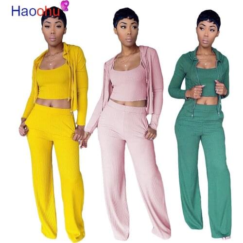 HAOOHU Fashion Ribbed Ladies 3 Piece Sets Suits Zipper Long Sleeve Hooded Jacket+ Crop Vest+ Wide Leg Pants New Women Outfits