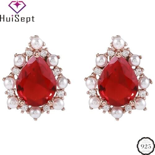 HuiSept Fashion Silver 925 Women Earring Jewelry Accessories Water Drop Shaped Ruby Pearl Gemstone Earrings Wedding Dropshipping