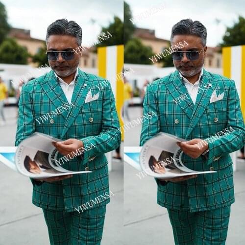 YIWUMENSA Last Design Green Plaid Check Men Suits For Wedding Blazers Custom Made 2 Pieces Jacket+Pants Double Breasted Coat
