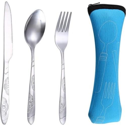 3PCS Portable Lunch Tableware Cutlery Stainless Steel Spoon Fork Travel Outdoor Knife Tableware Dining Canteen Dinnerware Sets