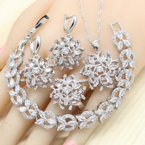 White Red Zircon Silver Color Jewelry Sets Women Wedding Party Bracelet Earrings Rings Necklace Pendant Gift Jewelry Box