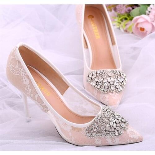 Spring new sexy and thin diamond lace bridal wedding shoes banquet dress stilettos pointed toe all-match womens single shoes