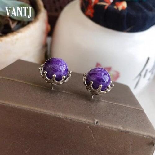 Natural Charoite Earrings Sterling 925 Silver Gemstone 10mm Jewelry for Woman Lady Wedding Party Gift