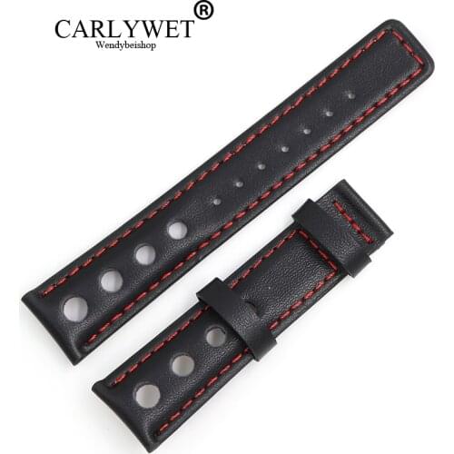 CARLYWET 20mm Real Calf Leather Handmade Black with Red Stitches Wrist Watch Band Strap Belt Without Clasp For T91 PRS516