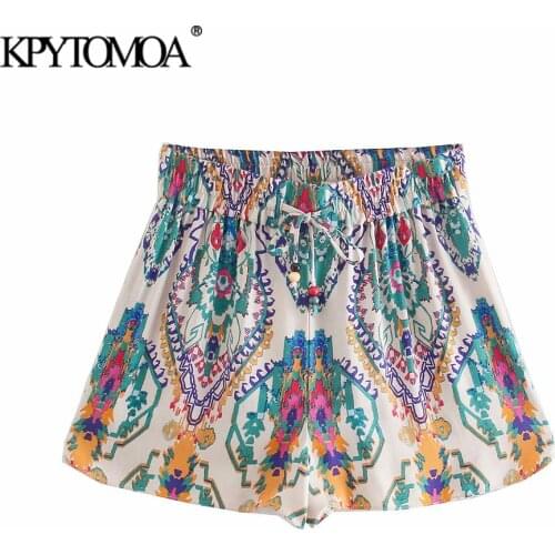 KPYTOMOA Women 2021 Fashion Totem Print Side Vents Shorts Vintage High Elastic Waist Drawstring Female Short Pants Mujer