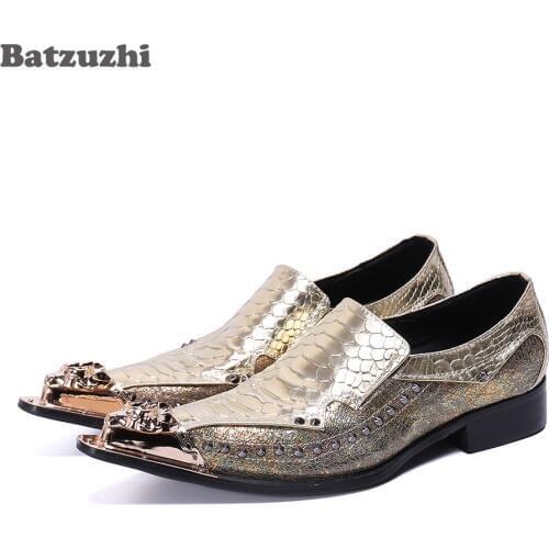 Batzuzhi zapatos de hombre Pointed Metal Tip Men Shoes Gold Leather Dress Shoes Men for Mens Party & Wedding! Big Size EU38-46
