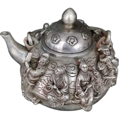 Chinese old Tibet Silver Carving Eight Immortals Shaped Wine Pot