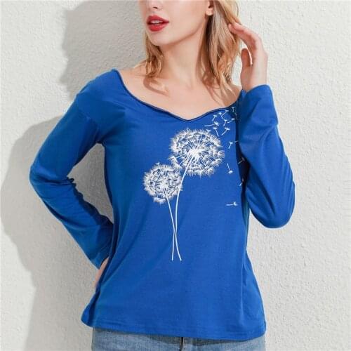 Autumn Ladies ladies 3XL T Shirt Dandelion Print V Neck Long Sleeves Fashion Women Top Tee Casual Spring T Shirt
