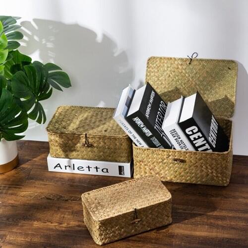 Wicker Woven Storage Box with Lid Seagrass Storage Baskets Container Sundries Jewelry Cosmetic Clothes Organizer Home Decor