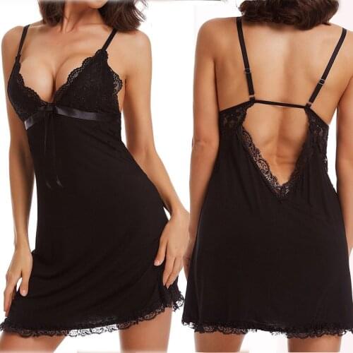 Women Sexy Lingerie Sleepwear Ladies Comfortable Backless Strap Nightgown Underwear Summer Lace V-neck Adjustable Sleepdress