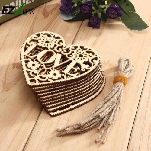 10pcs/lot Wooden LOVE Laser Cut With Rope Wedding Decorative Heart Craft Baby Shower Home Party Heart Embellishments Decoration