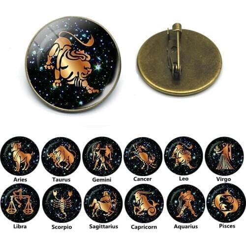 12 Constellation Brooch Pins Zodiac Sign Copper Badge Gemini Cancer Leo Virgo Libra Scorpio Jewelry Birthday Gift Accessories