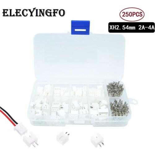 250pcs XH2.54mm 2A 3A 4A PCB Wire Cable Connector XH Plug Male & Female Battery Charging Cable kit box