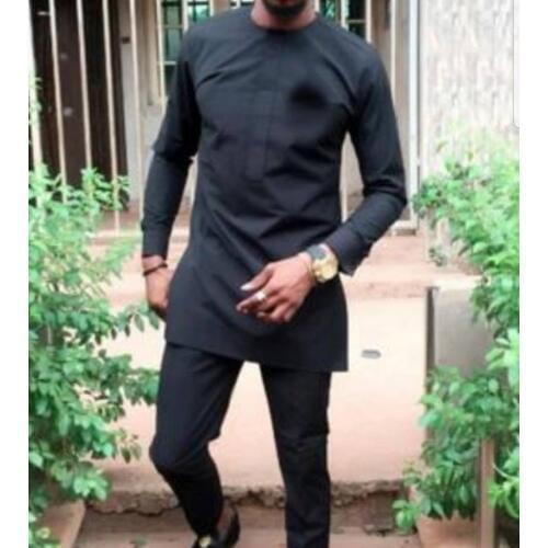 Mens Pant Set Long Sleeve Custom Made Plus Size Solid Black Tops+Trousers For African Party DropShipping