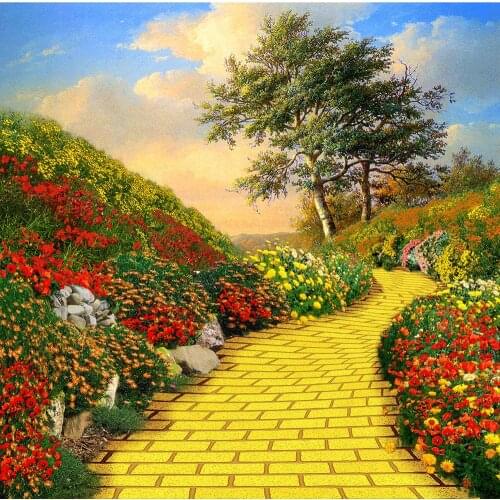Yellow Brick Road Emerald City Tree Flower Clouds background High quality Computer print party backdrop