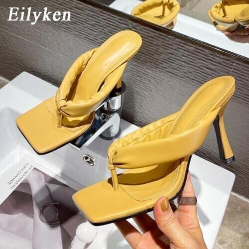 Eilyken 2021 Summer Fashion Design Clip Toe Cozy Mules Slippers Sexy Square Toe Flip Flops Slides High Heel Ladies Elegant Shoes