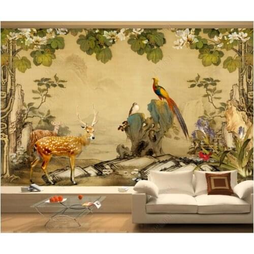 Wallpaper photo 3 d custom mural Palace-style hand-painted flower, bird and deer landscape room Wallpaper for walls in rolls