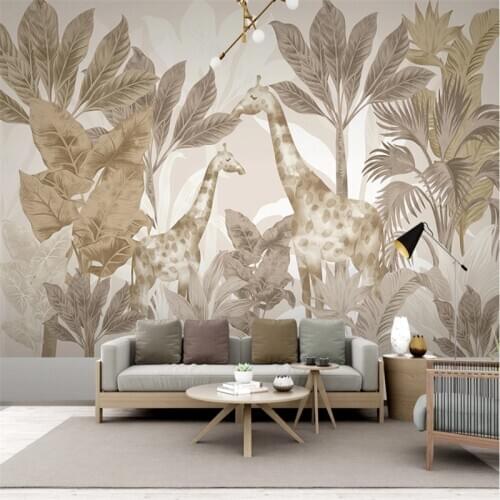 Custom Photo Wallpaper 3D Hand Painted Light Luxury Nordic Tropical Plant Giraffe Forest Animal Background Wall Decor Wallpapers