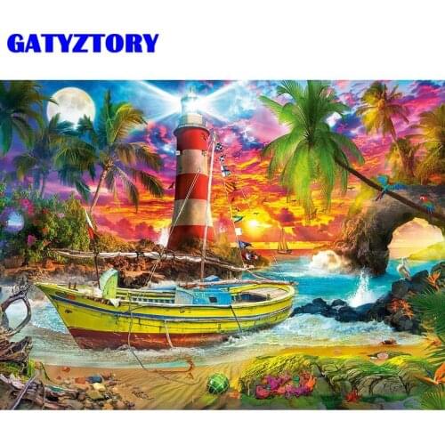 GATYZTORY DIY Oil Painting By Numbers Lighthouse Seascape Kits Drawing Canvas HandPainted Pictures By Numbers Home Decor