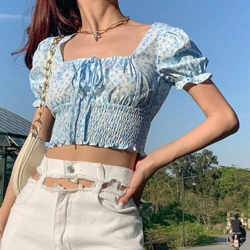 Hirigin Women Boho Casual Shirt Tops Floral Printing Puff sleeve Square Collar Tie Slim Crop Top Femme Sexy Casual Shirt Blouse
