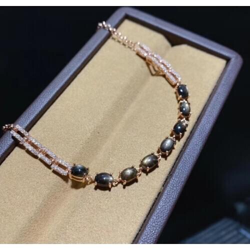 Fine Jewelry 925 Sterling Silver Inlaid Natural Black Star Sapphire Bracelet Luxury Girl Hand Bracelet Support Test