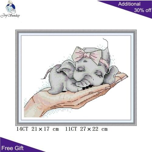 Joy Sunday Super Cute Baby Elephant DA485 14CT 11CT Counted and Stamped Sleeping Elephant Animal Home Decor Cross Stitch kits