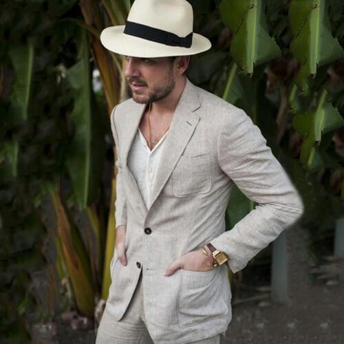 Linen Summer Mens Wedding Suits 2019 Slim Fit Casual Groom Tuxedos 2 Pieces (Jacket+Pants) Costume Homme Bridegroom Best Man Bla