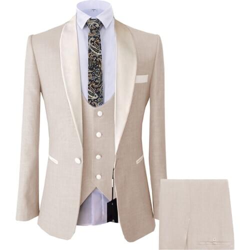 3 Pieces Mens Suit Casual Blazer Prom Beige Tuxedos Tweed Shawl Lapel Dinner Party Burgundy Jacket For Wedding Grooms