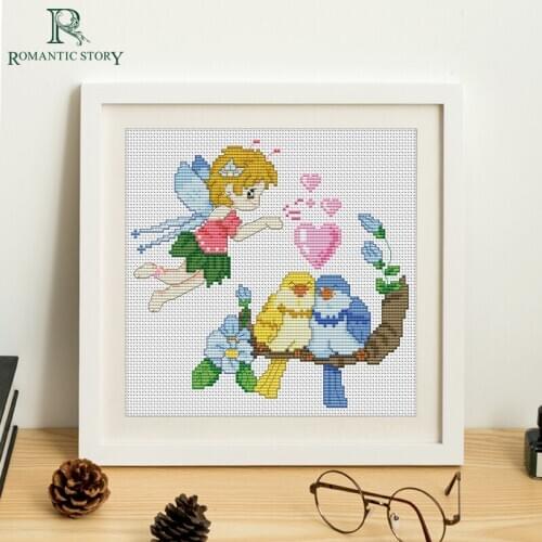 Romantic Story Cross Stitch Set DIY Beginners Needlework Embroidery Cartoon Angel Blessing Bird in Love for Cross-stitch kits