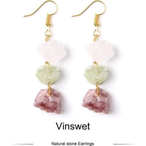 Raw minerals earring jewelry for women Natural Citrines pink green Clear crystal Quartz minerals stone healing Drop Earring gift