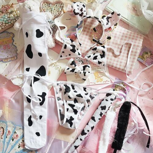Japanese Underwear Anime Cos Flannel Cute Sexy Cow Lace Up Bandage Bikini Bra Set Womens Cosplay Lolita Kawaii Bra and Panty Set