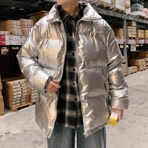 YASUGUOJI New Winter Men Jacket Thick Warm Jackets Mens Fashion Print Silver Bright Color Cotton Jacket Plus Size Parkas Coat