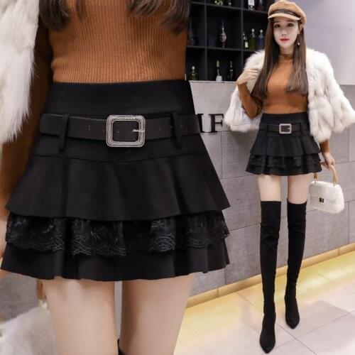 2020 new autumn and winter Korean fashion temperament high waist thin woolen lace skirt cake skirt