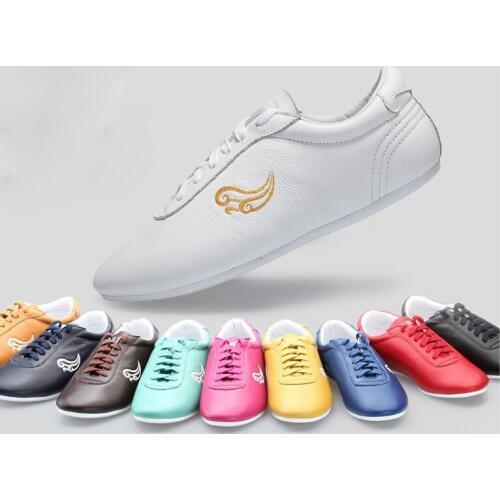 12color kids&Adult cowhide taiji wushu competition shoes martial arts shoes tai chi kung fu sneakers rose/green/brown/blue