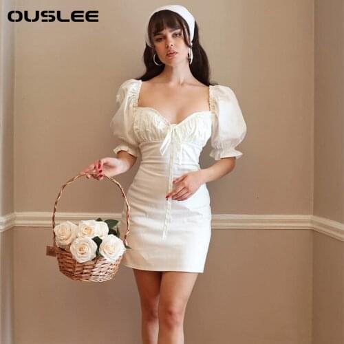 OUSLEE Square Neck Dress Women Puff Sleeve Mini Elegant Slim Dresses Female Front Lace Up Solids Colors Summer Party Short Dress