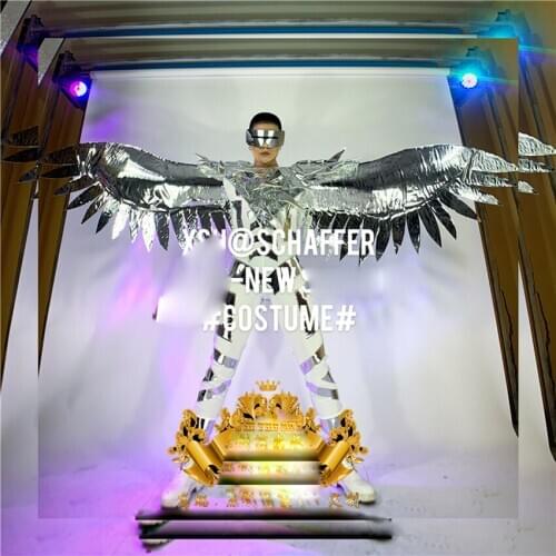 Future technology show robot clothing Nightclub mens GOGO mirror silver angel wings costume space performance dance suit