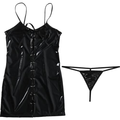 2020 Sexy Patent Leather Dress Women Backless Dress Club Party Short Dress Solid Black Wet Look Push Up Bra Latex Fashion Dress