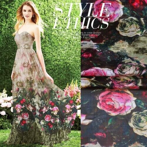 Classic Rose Printed Silk Chiffon Fabric for silk dress Pure Silk Fabric HLC148