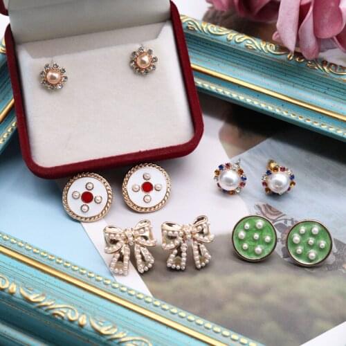Cute Earrings Button Enamel Bow Round Imitated Pearls Vintage New For Women Jewelry