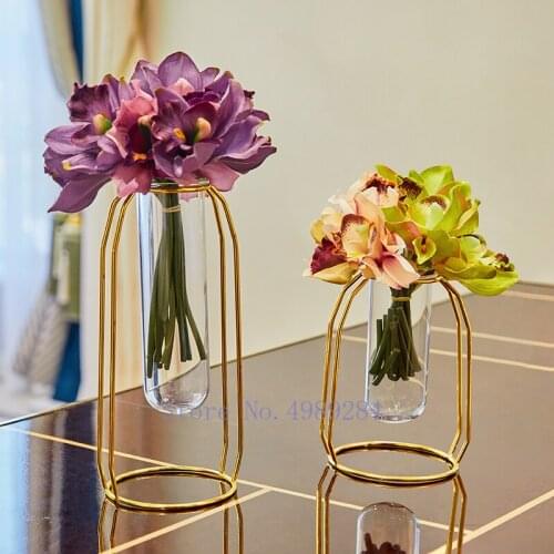 Nordic modern metal glass vase Flower arrangement Hydroponics Test tube vase Transparent Modern home decorations ornaments
