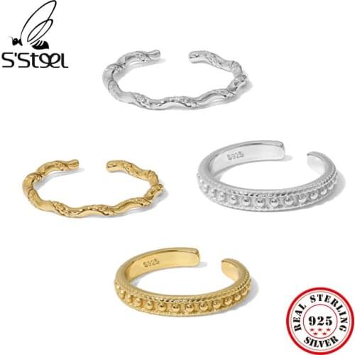 SSTEEL Designer Rings Sterling Silver 925 For Women Minimalist Round Bead Irregular Trendy Gold Twist Wavy Open Ring Jewellery