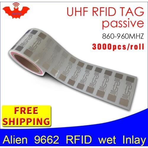 UHF RFID tag sticker Alien 9662 EPC6C wet inlay 915mhz868mhz860-960MHZ Higgs3 3000pcs free shipping adhesive passive RFID label